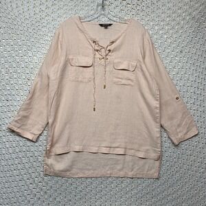 Ellen Tracy 100%Linen Top Tunic Size L Pink Blouse Lace Up Henley Pockets